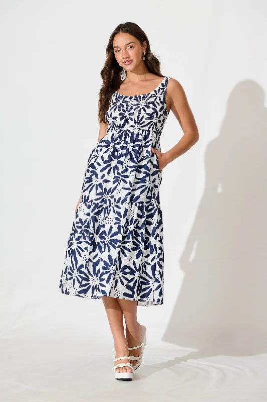 Reduced Prices Caribbean Midi Dress In White with Navy Flower