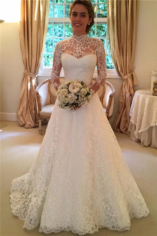 Low Prices Vintage High Neck Lace Appliques Open Back Long Sleeves Wedding Dresses