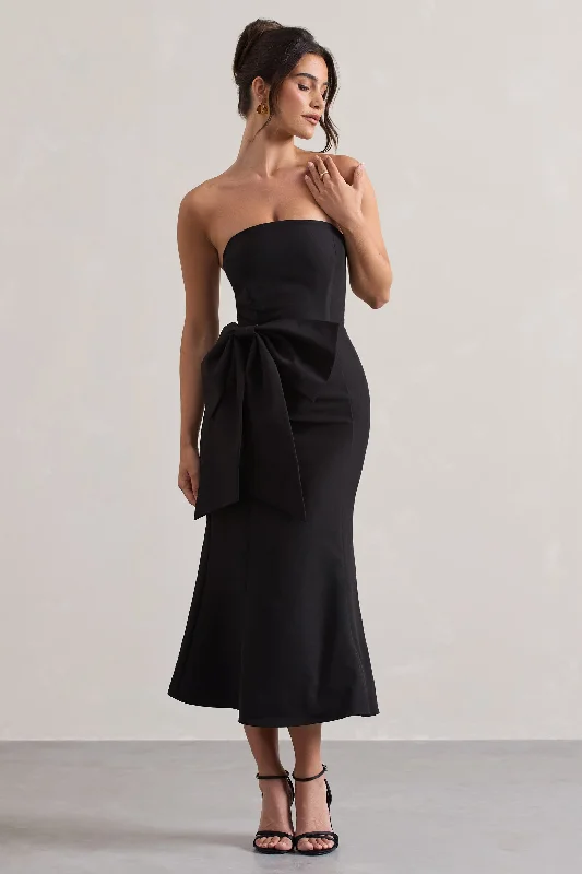 Best Seller To Me | Black Bandeau Midi Dress With Oversized Bow
