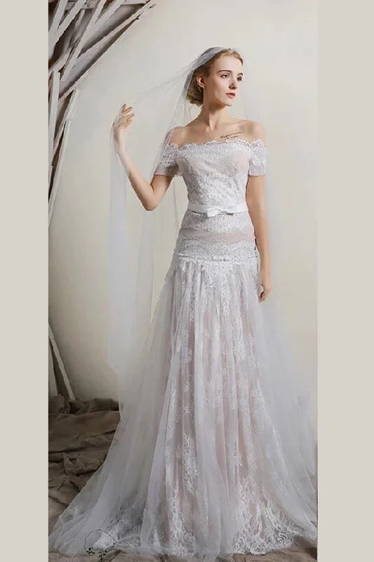 Savings Event White A Line Brush Train Off Shoulder Short Sleeves Lace Beach Wedding Dresses Savings Event White A Line Brush Train Off Shoulder Short Sleeves Lace Beach Wedding Dresses