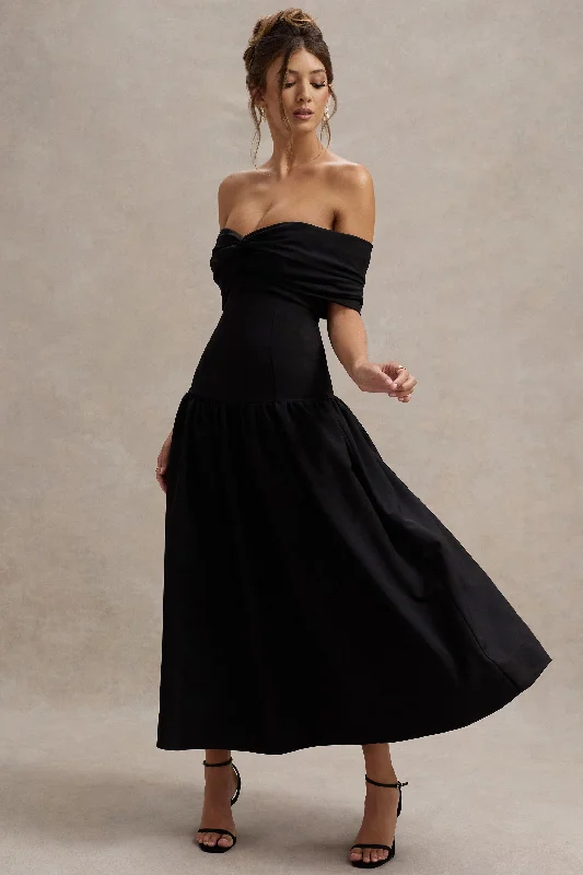 Super Deal Marguerite | Black Twisted Bardot Drop-Waist Maxi Dress