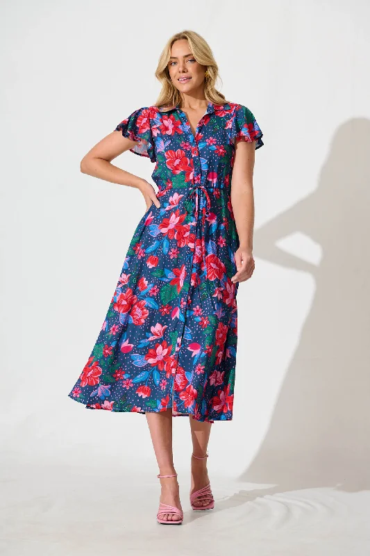 Limited Time Offer Sweet Lover Midi Dress in Navy with Red Floral