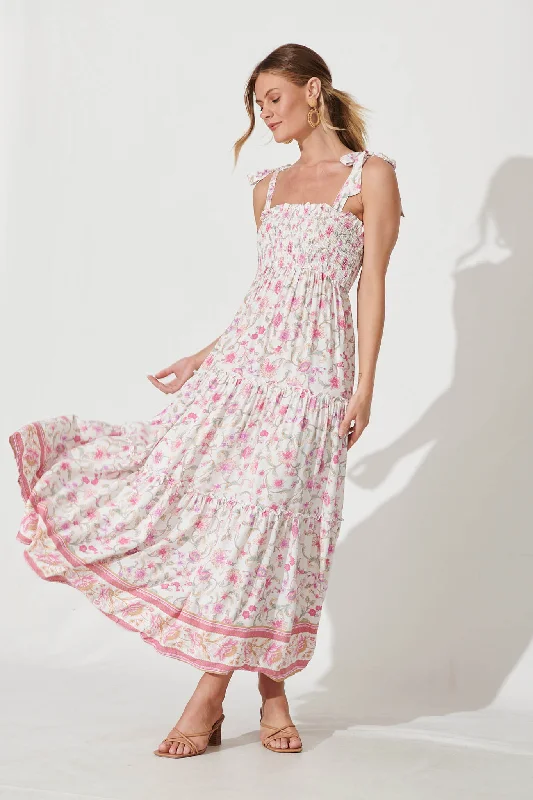 Unmissable Offer Katina Maxi Sundress In White With Pink Floral