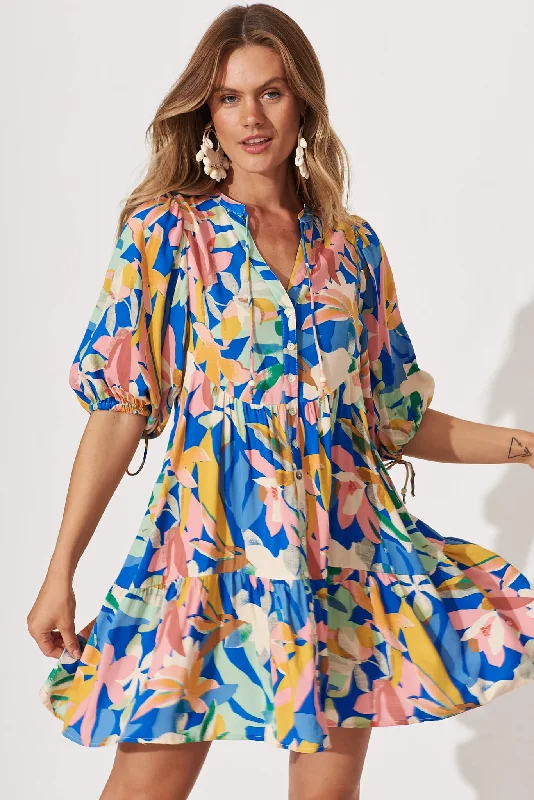 Special Discount Emelyn Smock Dress In Cobalt With Multi Floral