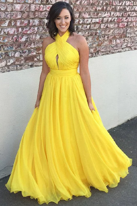 Bargain Bin Yellow A Line Floor Length Halter Sleeveless Backless Bridesmaid Dresses Bargain Bin Yellow A Line Floor Length Halter Sleeveless Backless Bridesmaid Dresses