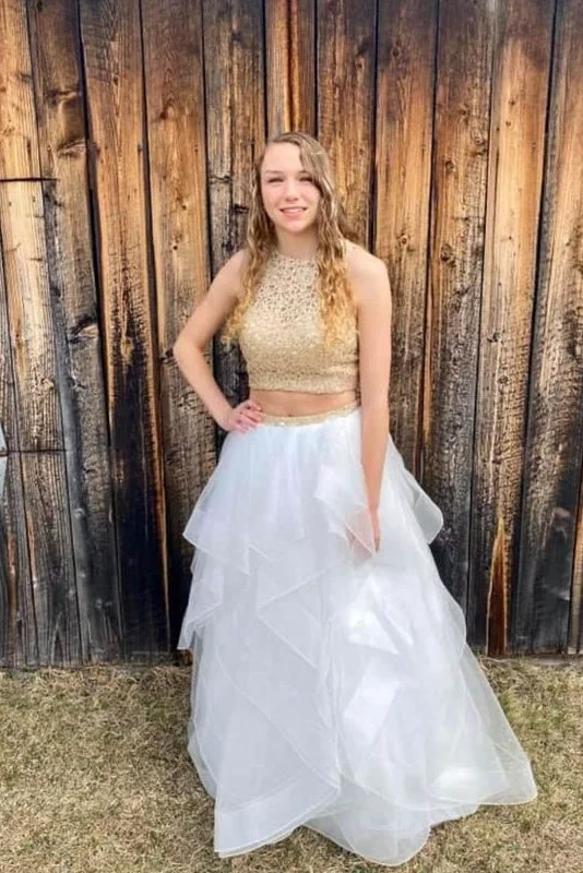 Take Advantage Two Pieces Long Zipper Back Lace Princess Prom Dresses For Teens