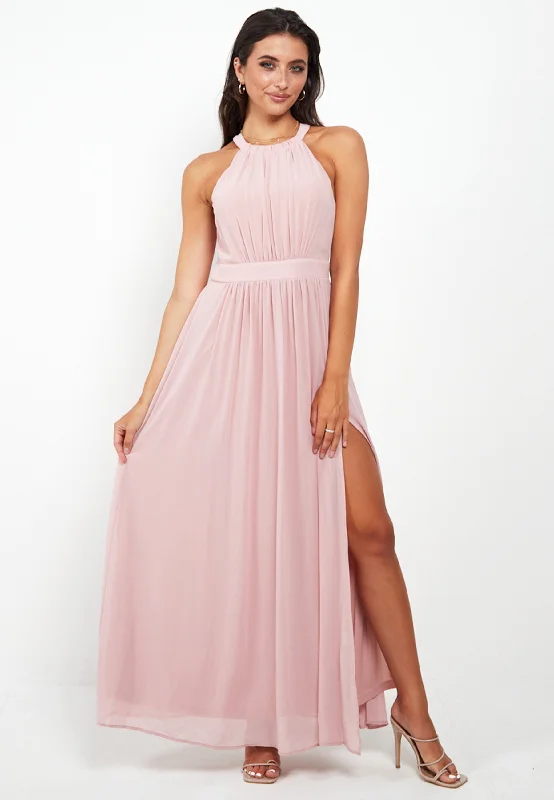 Limited Time Offer Halter Neck Maxi Dress With Leg Slit In Pink