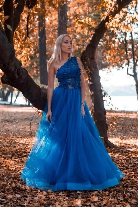 Buy More, Save More Blue One Shoulder Tulle Lace A Line Prom Dresses