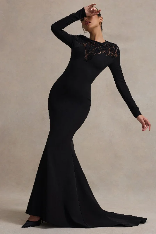 Don't Miss Campbell | Black Long-Sleeve Maxi Dress With Lace Detail