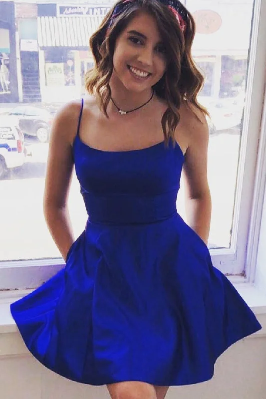 Can't Miss Simple Satin Royal Blue Short Homecoming Dresses With Pockets
