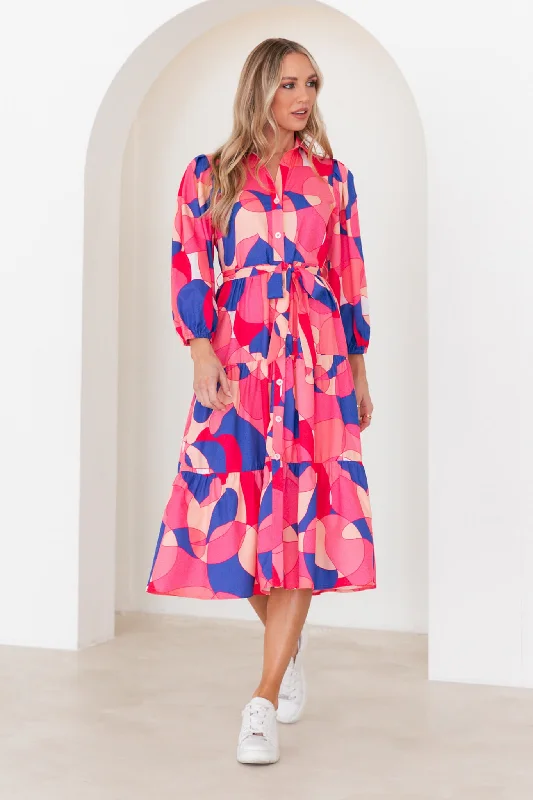 Price Cut Encore Midi Shirt Dress In Pink And Blue Print