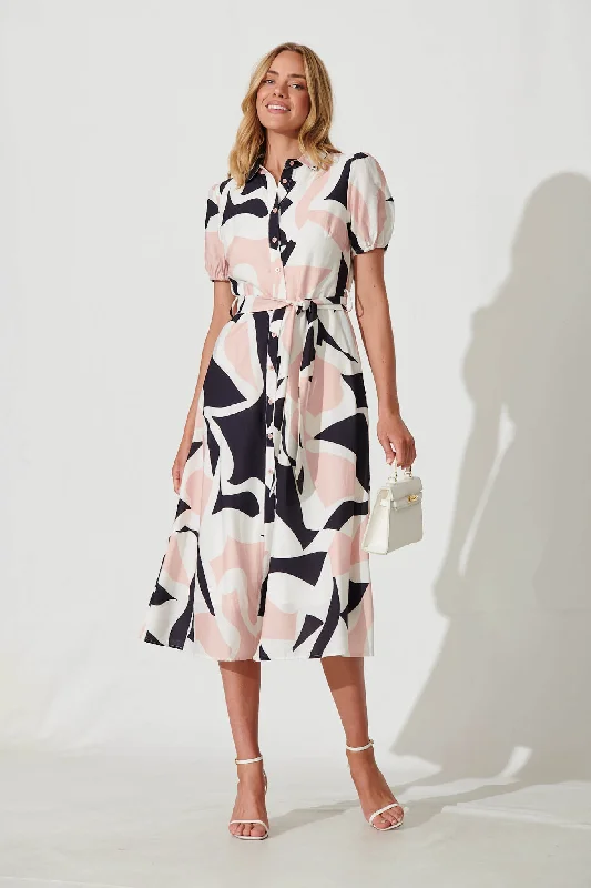 Low Prices Martine Midi Shirt Dress In Blush With Cream Geometric Print Cotton Blend