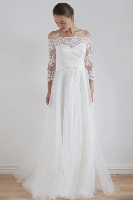 Deal Dash Elegant Lace Appliques Off the Shoulder Long Sleeves Wedding Dresses