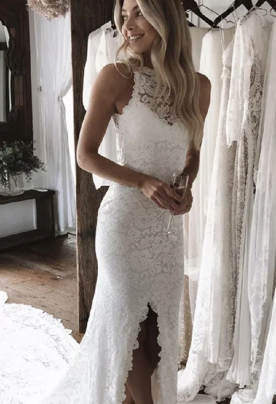 New Deals Elegant Open Back Long Lace Wedding Dresses with Split Side