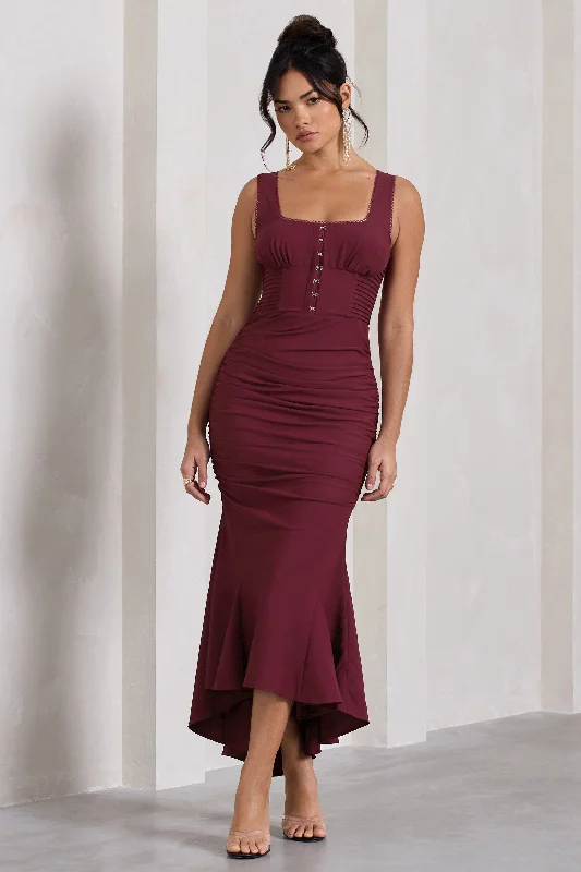 Price Reduction Savannah | Burgundy Square-Neck Corset Fishtail Maxi Dress