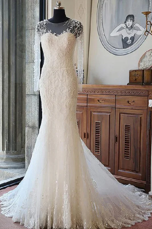 Overstock Sexy Tulle Bridal Gown Long Sleeves Lace With Applique Wedding Dresses