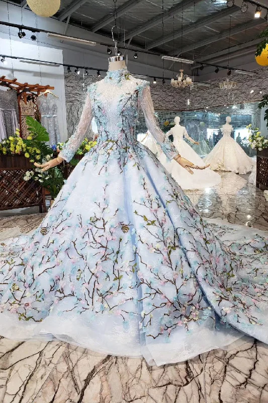 Lowest Price Stunning Long Sleeves Tulle Wedding Dresses with Embroidery Bridal Gown