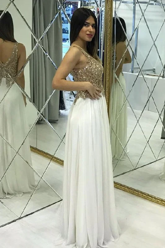 Weekend Deal Pretty Ivory Chiffon Long Beading A-line Prom Dresses For Teens