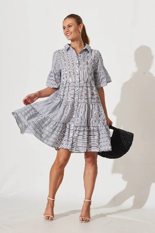 Can't Miss Glorianna Smock Dress In Black With White Stripe Cotton