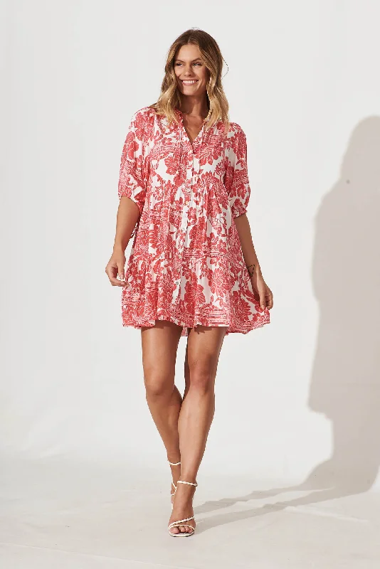 Last Chance Emelyn Smock Dress In White With Raspberry Patchwork Floral