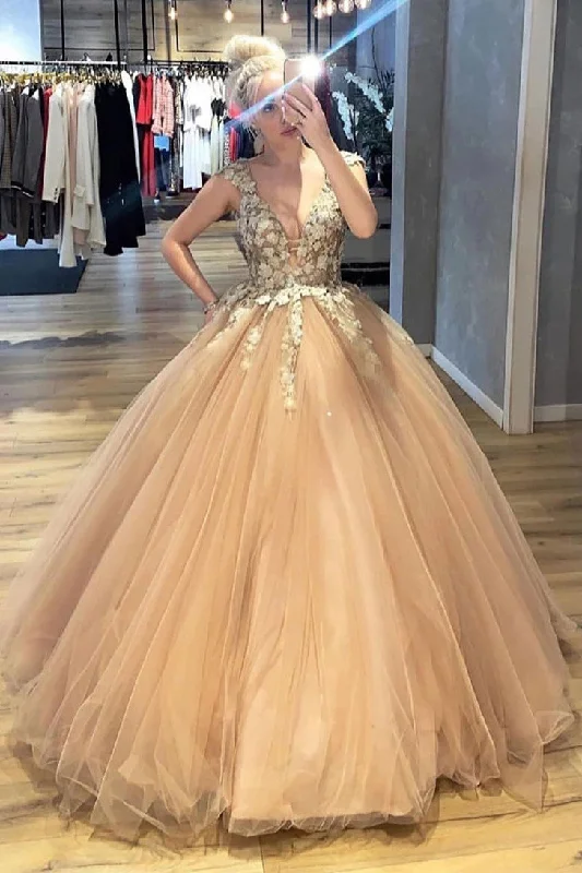 Crazy Deals A-line V-neck Ball Gown Appliques Long Quinceanera Dresses