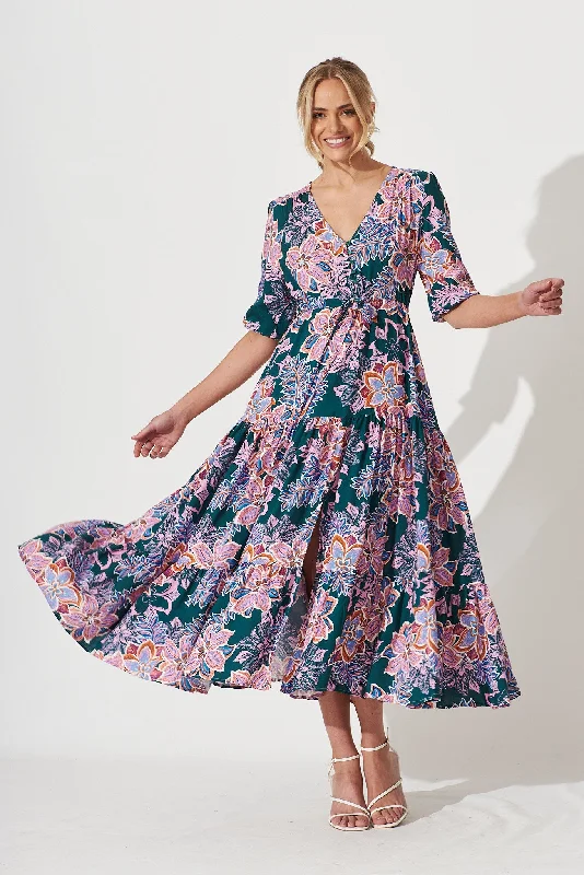One-DAY Sale Emilia Maxi Dress In Green With Pink Multi Floral