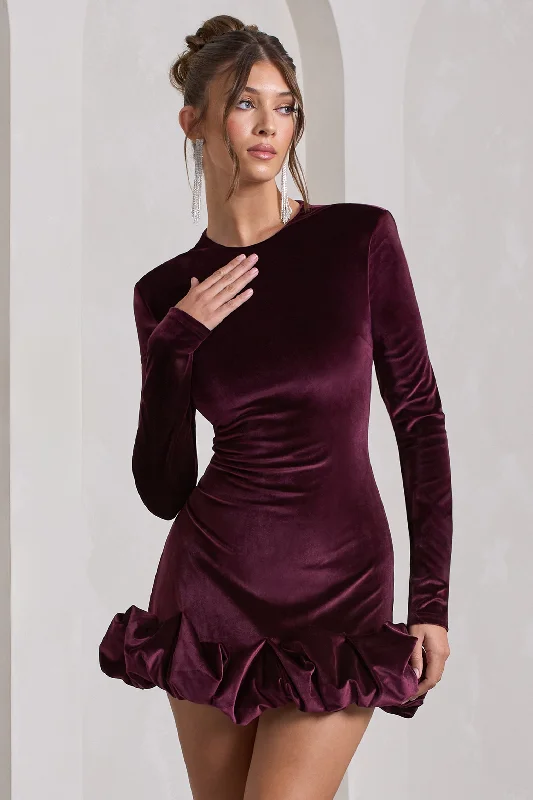 Special Buy Claudine | Port Velvet Long-Sleeved Ruffled Mini Dress