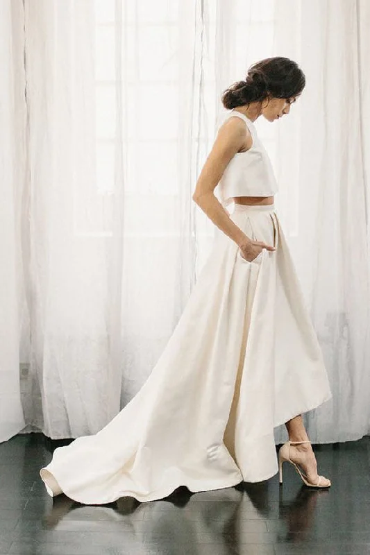 Super Sale Simple Two Piece Ivory Satin A Line Long Beach Wedding Dresses