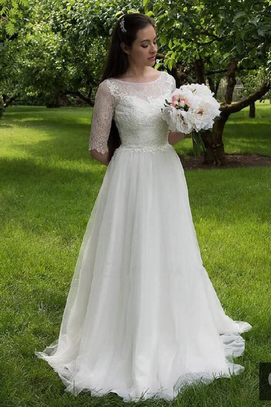 Deal Frenzy A Line Brush Train Half Sleeve Lace Beach Wedding Dresses