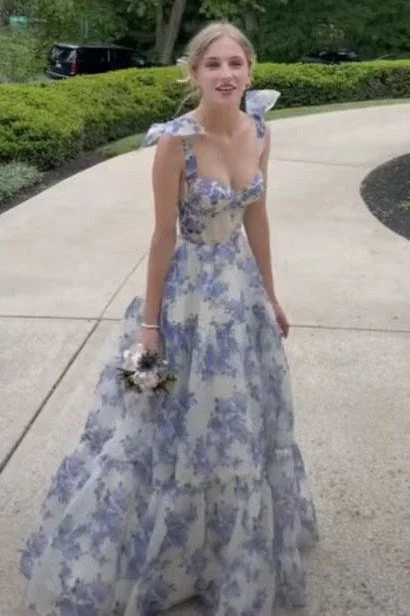 Sneak Peek Sale Elegant Floral Print A-line Floor-length Prom Dresses