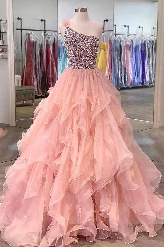 Best Bargains One Shoulder A-line Peach Beaded Flouncing Long Prom Dresses