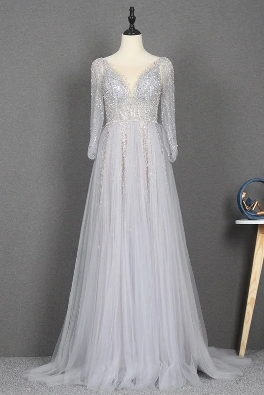Bargain Bin Amazing Long Gray Beading Prom Dresses Modest Evening Gowns