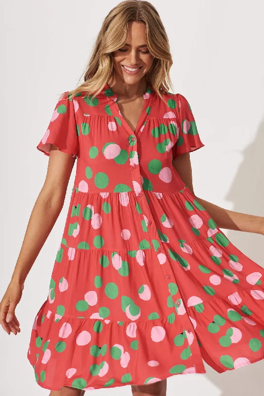 Early Access Saldana Smock Dress In Red With Green Spot Print