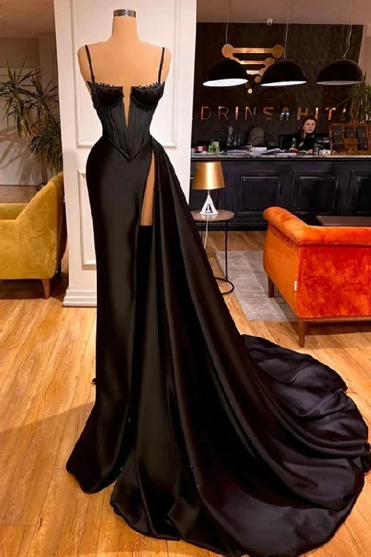 Friends and Family Sale Black Spaghetti Straps Split Chapel Trailing Evening Prom Dresses Friends and Family Sale Black Spaghetti Straps Split Chapel Trailing Evening Prom Dresses