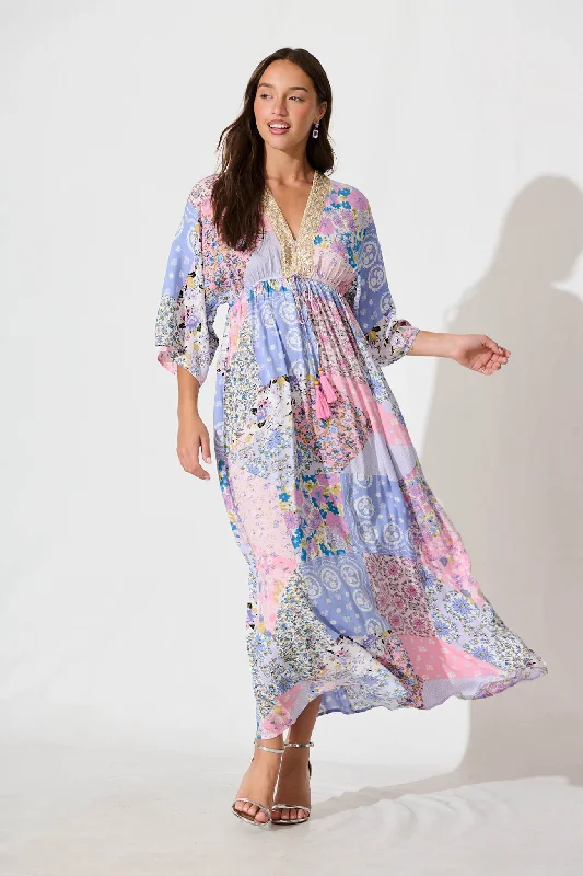 Today’s Special Janeve Maxi Dress in Pink with Blue Patchwork Print
