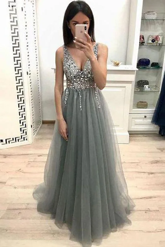Low Prices Silver And Gray Long V-neck Sparkly Beading Prom Dresses Women Dresses