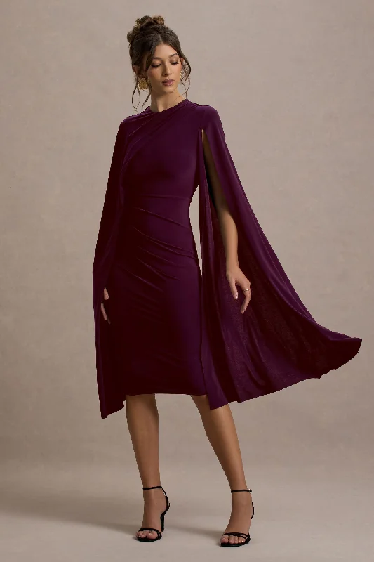 Instant Discount Marysol | Plum Asymmetric Cape Midi Dress