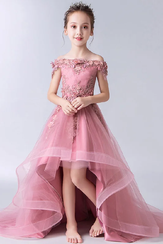 Year-End Sale Gorgeous Off the Shoulder With Lace Appliques Sleeveless High Low Tulle Flower Girl Dresses Year-End Sale Gorgeous Off the Shoulder With Lace Appliques Sleeveless High Low Tulle Flower Girl Dresses