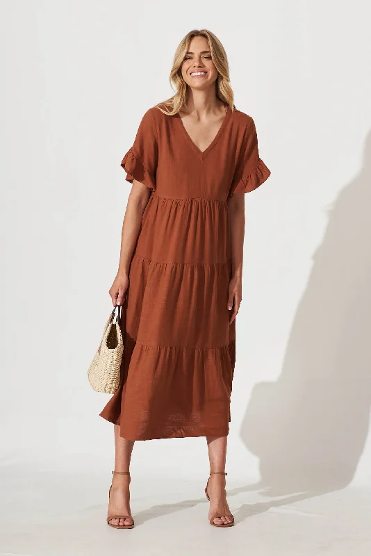 Deal Explosion Kristen Midi Smock Dress In Tan Linen Blend