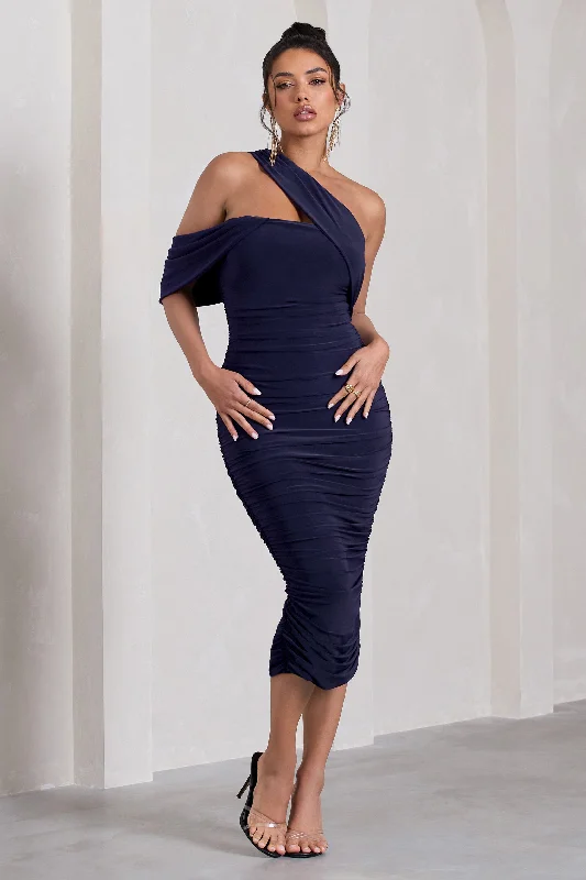 Quick Sale Cici | Navy Asymmetric One Shoulder Ruched Midi Dress