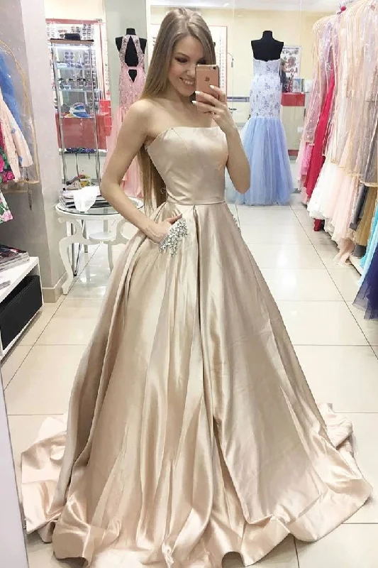 Epic Deals Strapless Simple Lace Up Prom Dresses With Pockets Prom Gowns
