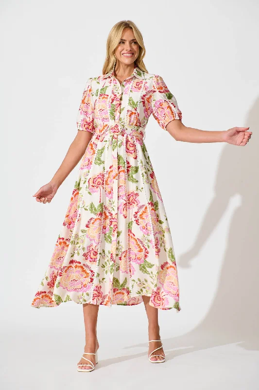 Final Markdown Adore Maxi Shirt Dress in Cream with Multi Floral
