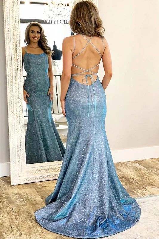 Don't Wait Blue Spaghetti Straps Mermaid Prom Dresses Sleeveless Evening Dresses