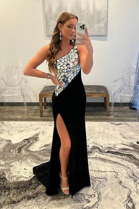Midnight Sale Black Rhinestone One Shoulder Split Floor-length Formal Prom Dresses