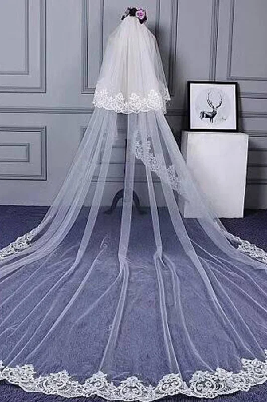 Early Bird Discount Charming Long Tulle Lace With Appliques Chapel Veils Wedding Veil
