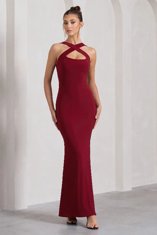 Price Drop Cross My Heart | Berry Red Sleeveless Cross-Neck Maxi Dress