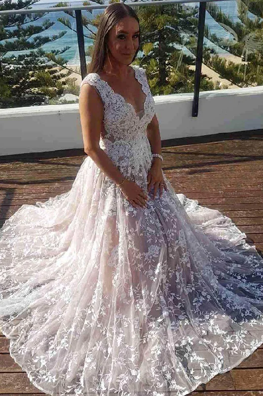 Markdowns Gorgeous Deep V Neck Open Back With Lace Appliques Wedding Dresses