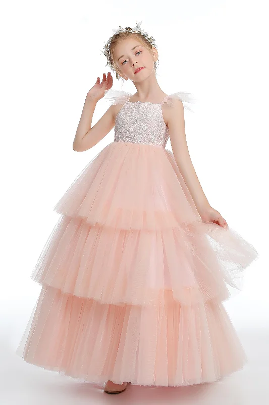 New Markdowns Ruffles Layered Pink Tulle Flower Girl Dresses With Bowknot