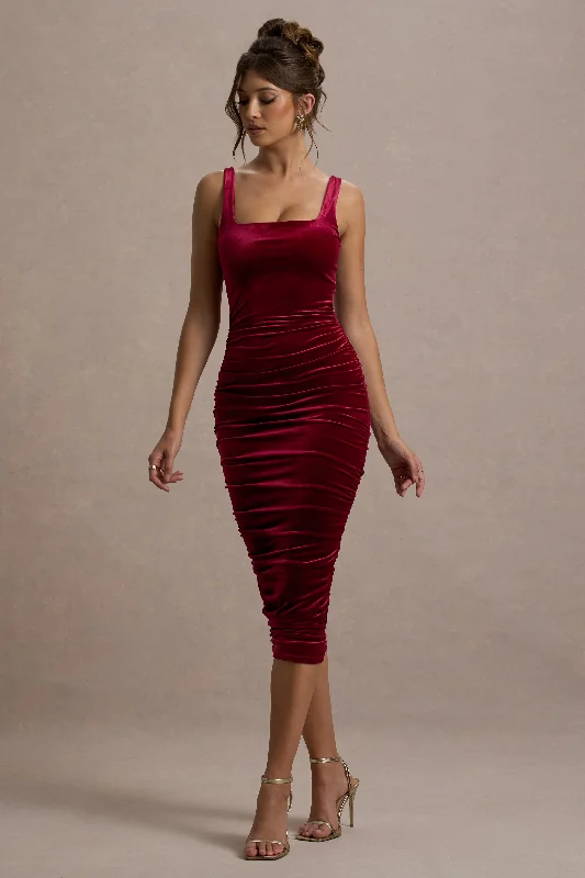 Daily Deals Cora | Berry Velvet Square-Neck Bodycon Midi Dress
