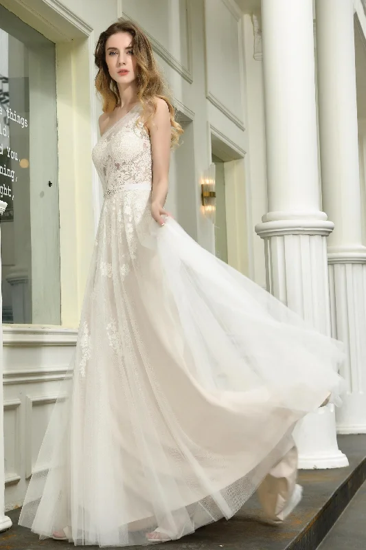 New Deals Elegant One Shoulder Sleeveless Tulle Appliques Wedding Dresses